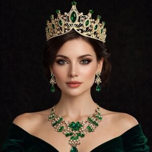 High Shine Emerald Crystal & Gold Tiara Necklace Earring 3PC Set
